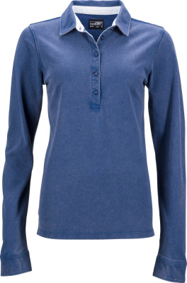 James & Nicholson - Damen Piqué Polo langarm mit Besatz (navy/white light blue)