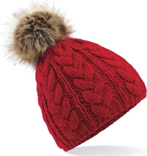 Beechfield - Fur Pop Pom Cable Beanie (Classic Red)