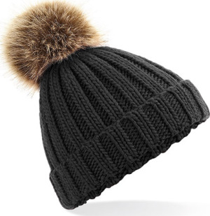 Beechfield - Junior Fur Pop Pom Chunky Beanie (Black)