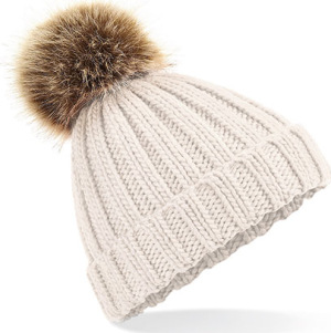 Beechfield - Junior Fur Pop Pom Chunky Beanie (Oatmeal)