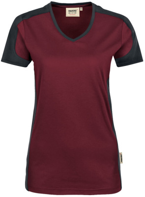 Hakro - Damen V-Shirt Contrast Mikralinar (weinrot/anthrazit)