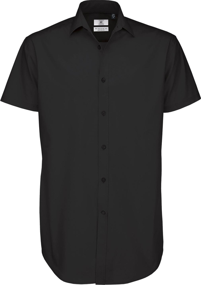 Poplin Shirt Black Tie Short Sleeve Men (Black) for embroidery - Main Image