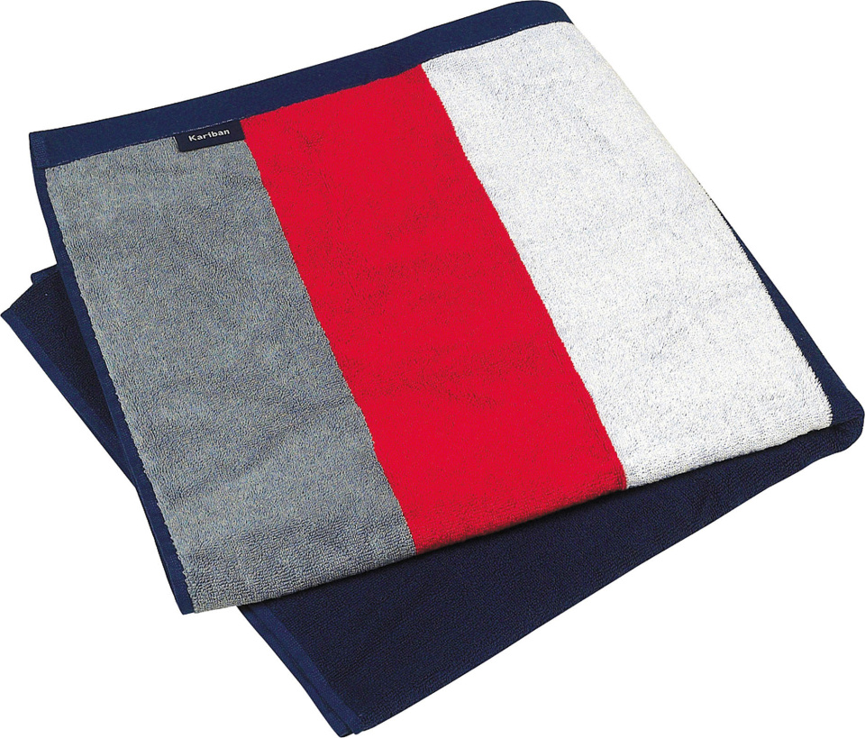 Velours Strandtuch mit Streifenmuster (Grey (Solid)/Red/White/Navy)  besticken lassen - Kariban - Bademäntel und -tücher - StickX  Textilveredelung